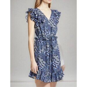Rebecca Taylor Ava Silk Floral Ruffle Mini Dress 8 Navy Vneck Waist Tie